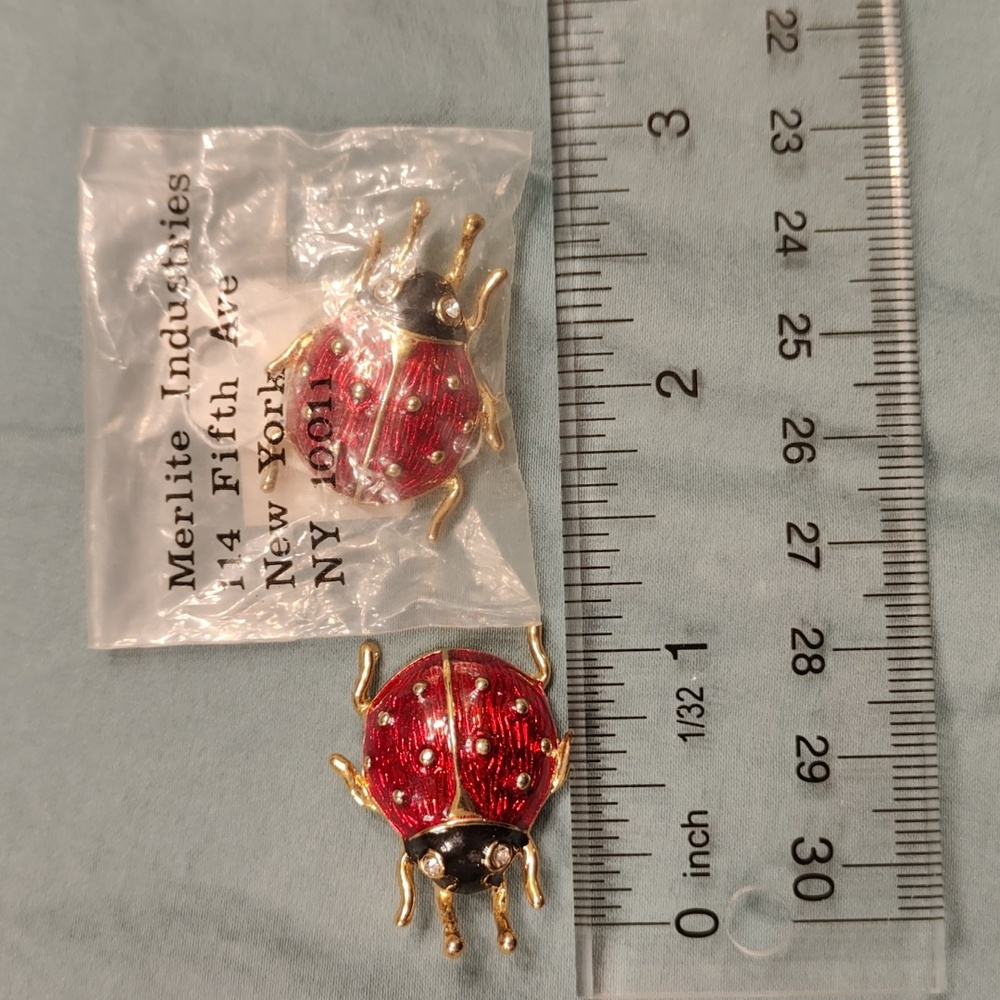 Ladybug goldtone w/diamond eyes lapel pin/brooch set of 2 one still in bag